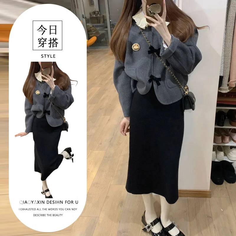2025冬季新款韩系穿搭高级感灰色短款毛呢外套搭配半身裙两件套女