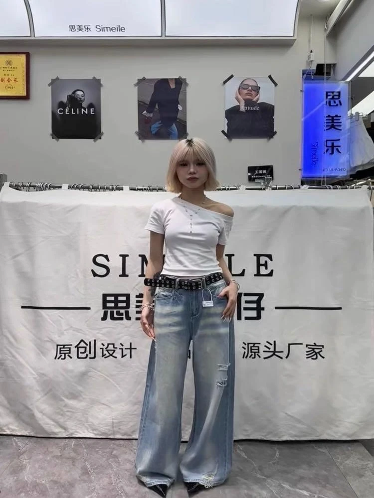 金马严选(思美乐)夏季破洞垂感蓝色牛仔裤A8390