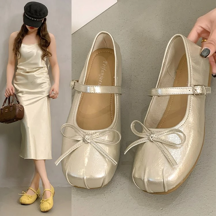 2025新款平底单鞋女蝴蝶结百塔浅口配裙子夏季玛丽珍豆鞋皮鞋鞋子