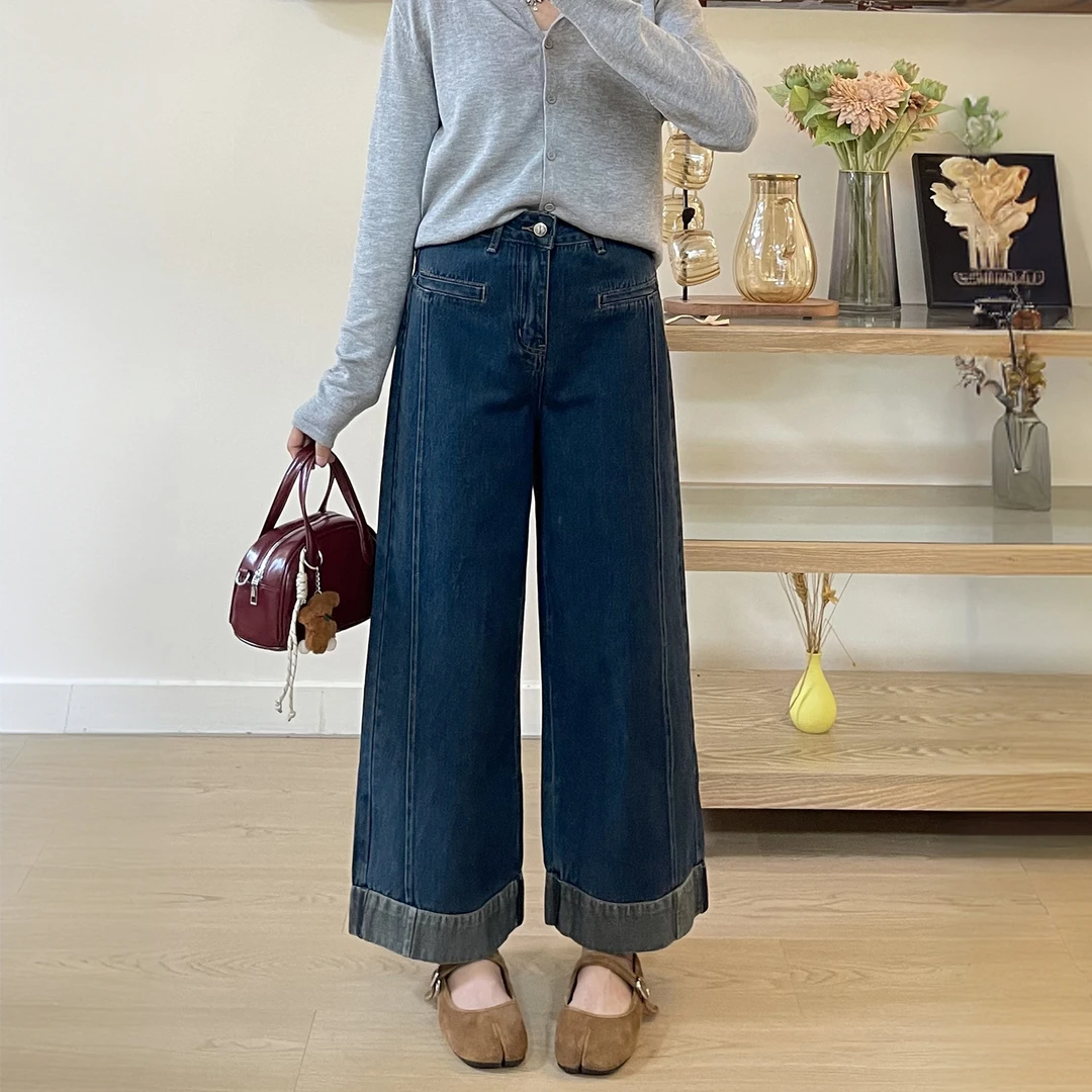 复古蓝直筒牛仔裤女2025秋季新款大码梨形身材弹力显瘦卷边阔腿裤
