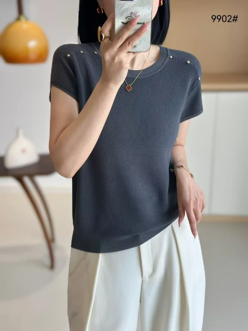 纯色短袖圆领轻职风夏季针织衫春夏宽松气质针织衫9902