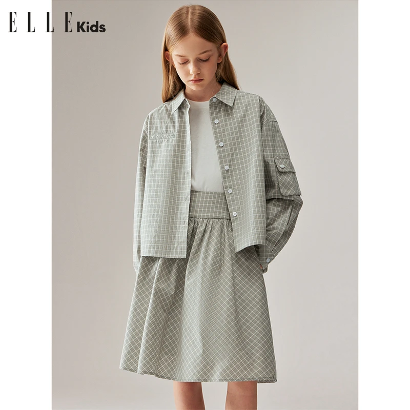 ELLE KIDS 复古格纹学院衬衫女童秋季新款立体贴袋文艺风上衣F1