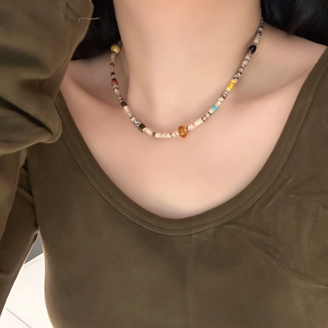 oushipei/欧诗佩 铜合金亚克力项链 复古彩色天然石串珠项链颈链