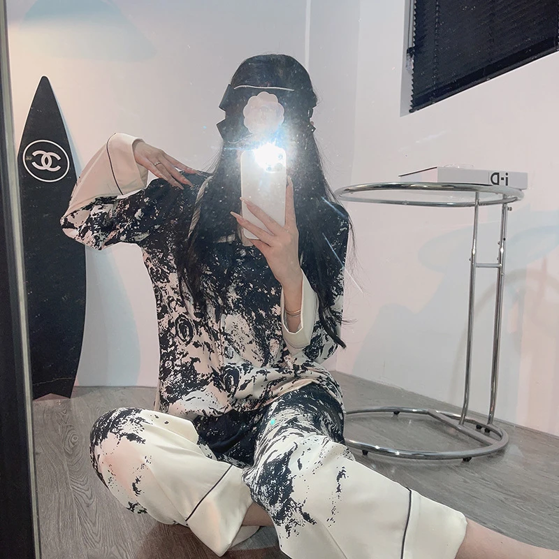 「墨汐」轻奢气质小众秋长袖水墨印花家居服睡衣套纯欲蕾丝休闲