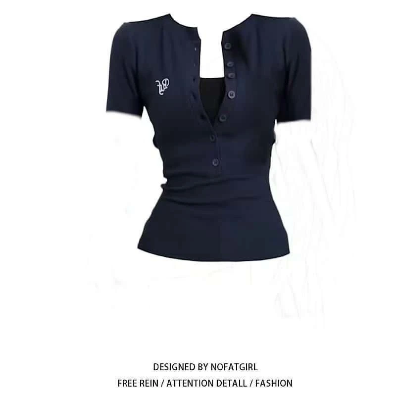 美式炸街刺绣紧身短袖T恤夏季修身新款打底显瘦辣妹洋气小众女装