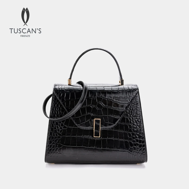 TUSCAN'S真皮鳄鱼纹气质百搭黑色女士手提包压纹单肩包时代集团