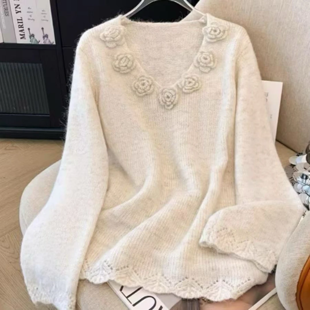 欧版手工钩织羊驼绒V领针织宽松型秋季毛针织衫秋冬