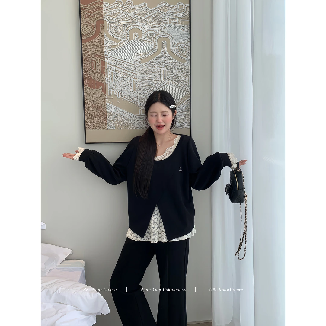 知葵微胖定制【ai韩女】初秋韩版正肩显瘦蕾丝卫衣12253W0249