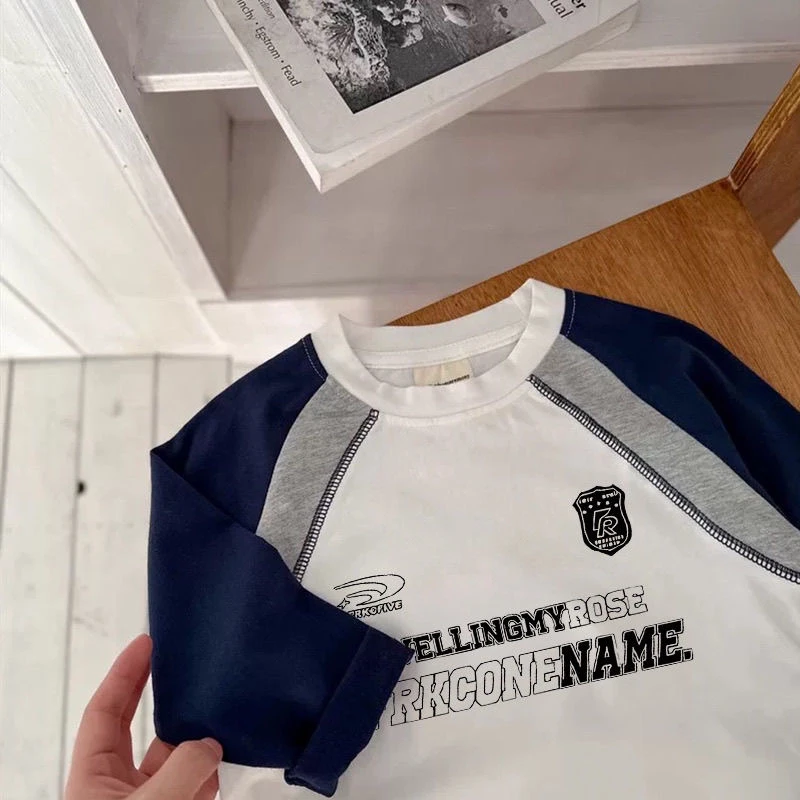 新款拼接插色帅气男童春秋季儿童纯棉长袖T恤T恤美式宽松上衣潮衫