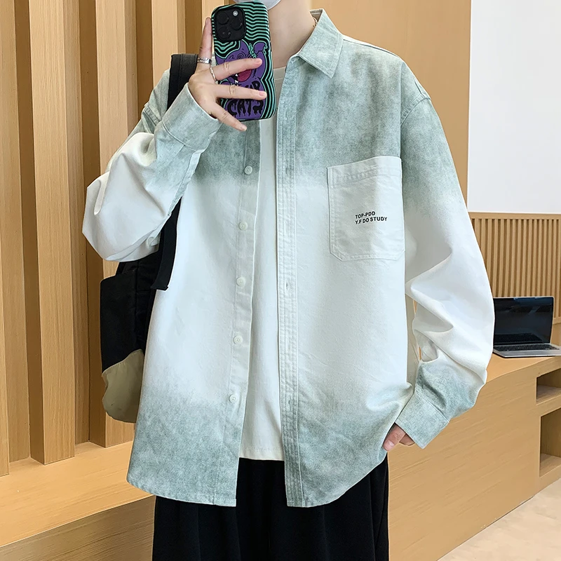 渐变色外套男春秋款美式复古宽松翻领夹克男士高级感休闲百搭上衣