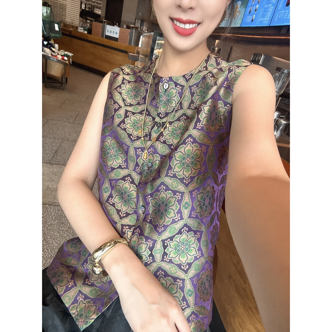 【深圳罗依】原创真丝马甲女桑蚕丝宋锦前后正反两面穿中式气质背心