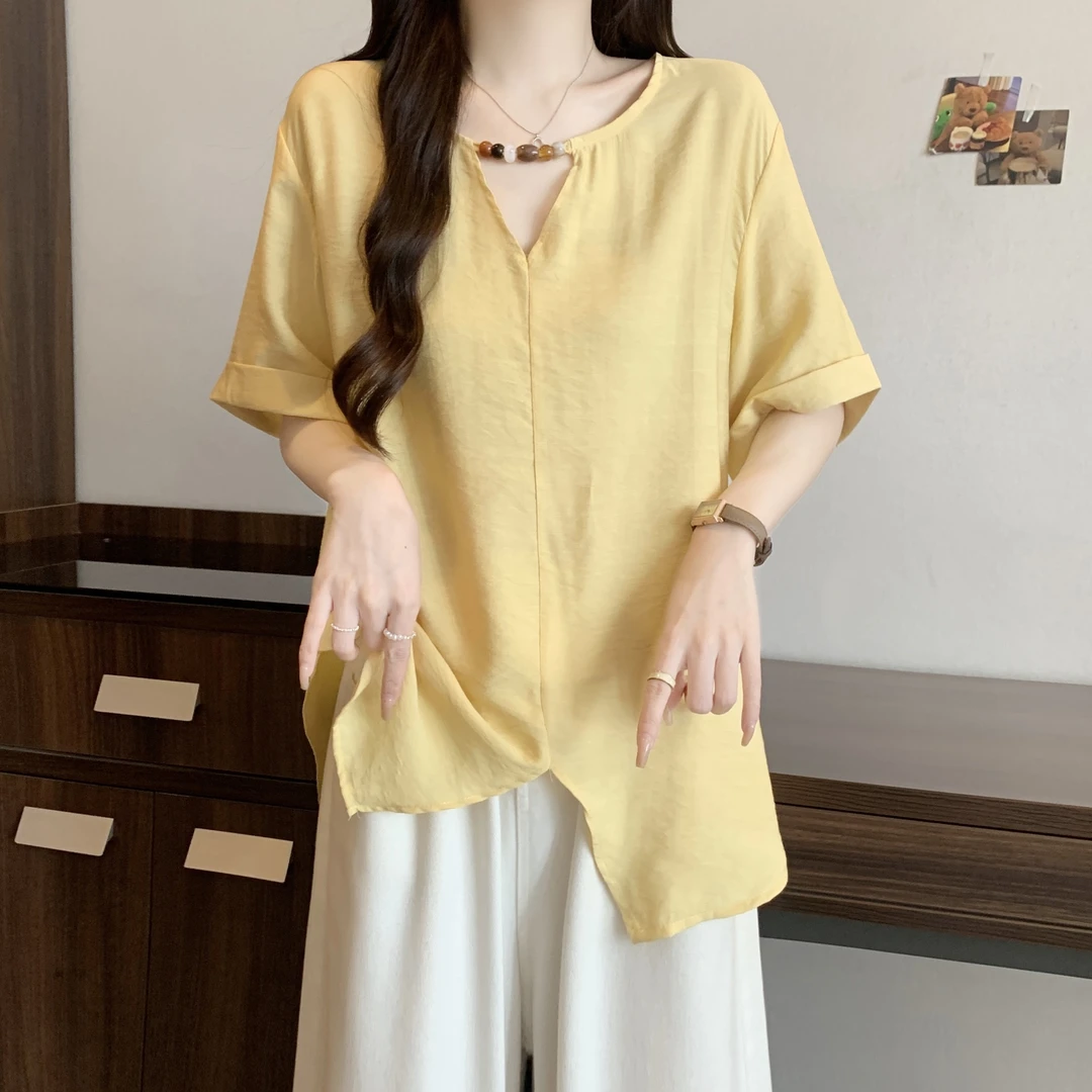 8011＃复古小众设计感宽松时尚遮肉短袖衬衫