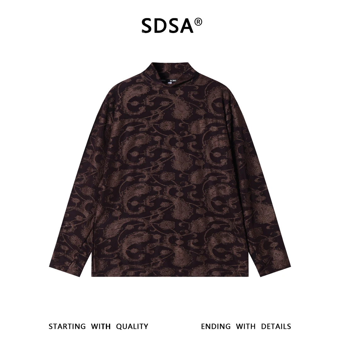 SDSA男士秋冬新款痞帅男装复古提花花卉设计半高领长袖T恤百搭