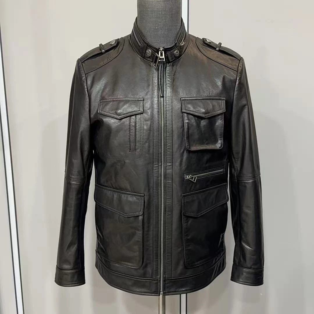 小牛皮100%多口袋硬汉猎装立领拉链修身秋冬男士真皮外套