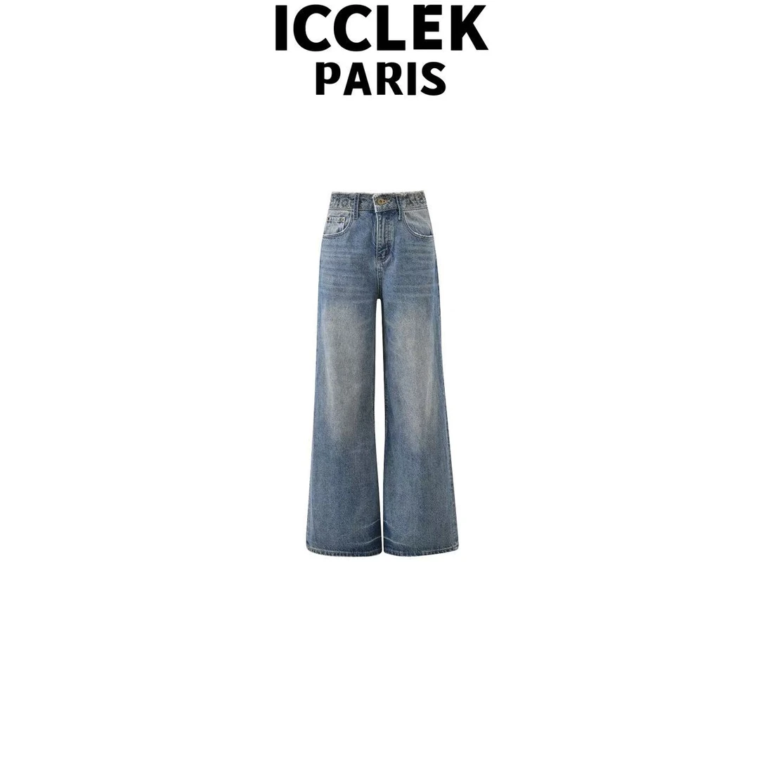 ICCLEK 秋冬新款时尚高腰蓝色直筒牛仔百搭显瘦时尚通勤长裤-9278