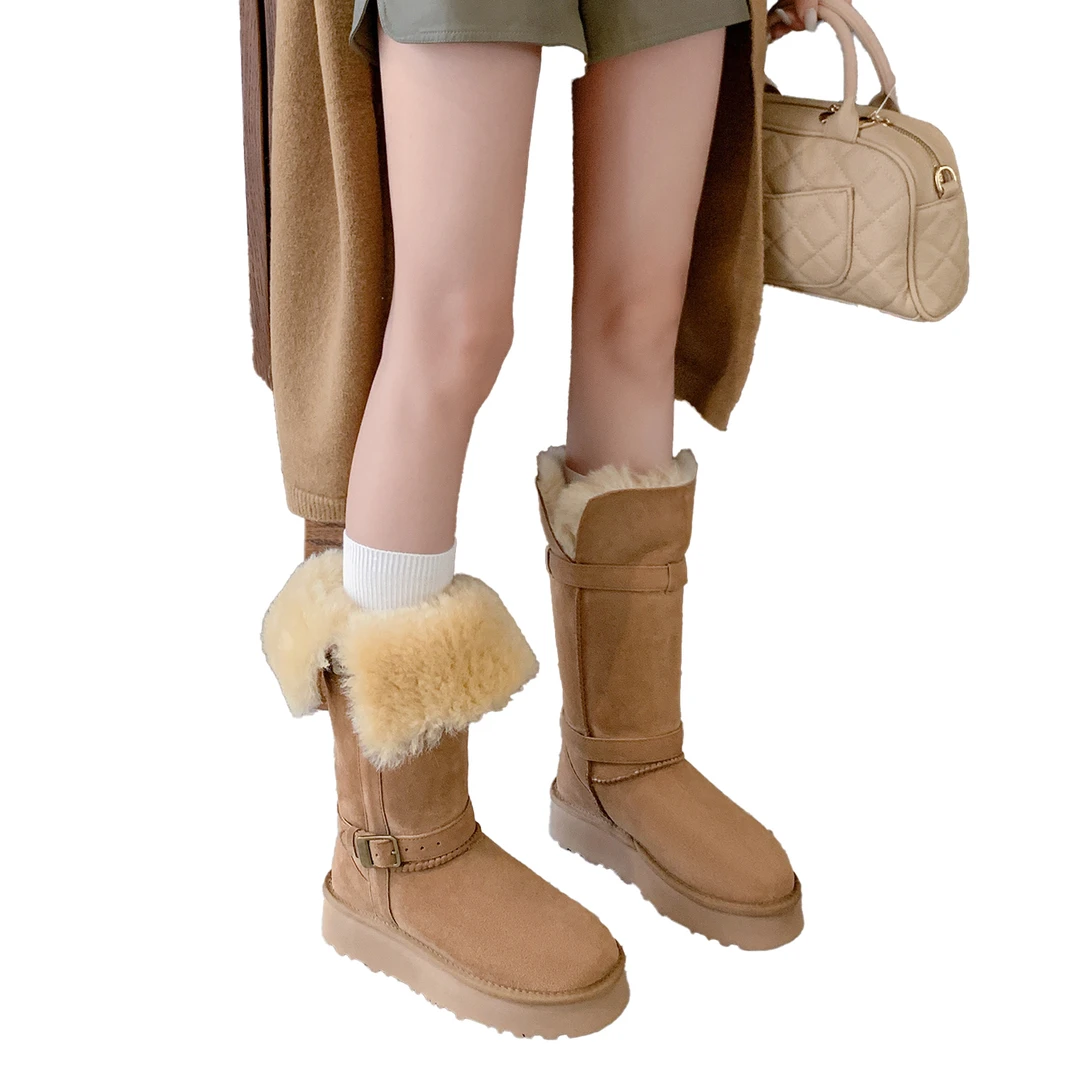 羊皮毛一体磨砂雪地靴纯色圆头厚底冬季棉鞋小土豆休闲风保暖女靴