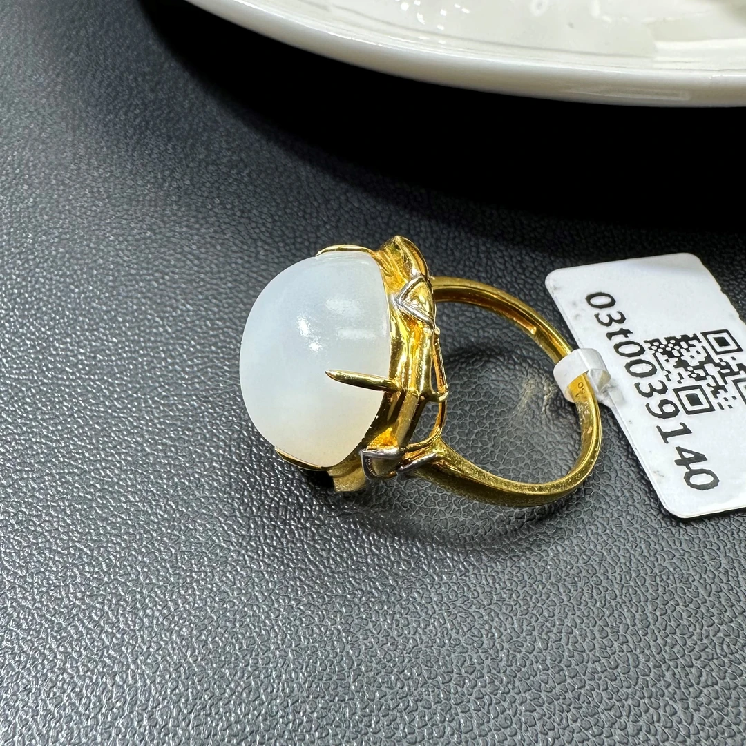 俄料白玉老坑方块蛋面（裸石14*9mm）18K金镶嵌戒指14#简约时尚白色