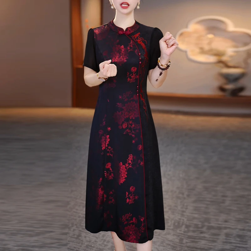 国风改良旗袍连衣裙女2025夏季新款妈妈优雅减龄显瘦遮肉中长裙子