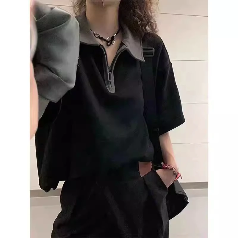 爆款美式拉链复古POLO短袖翻领T恤夏季宽松女生韩系短袖女t恤衣服
