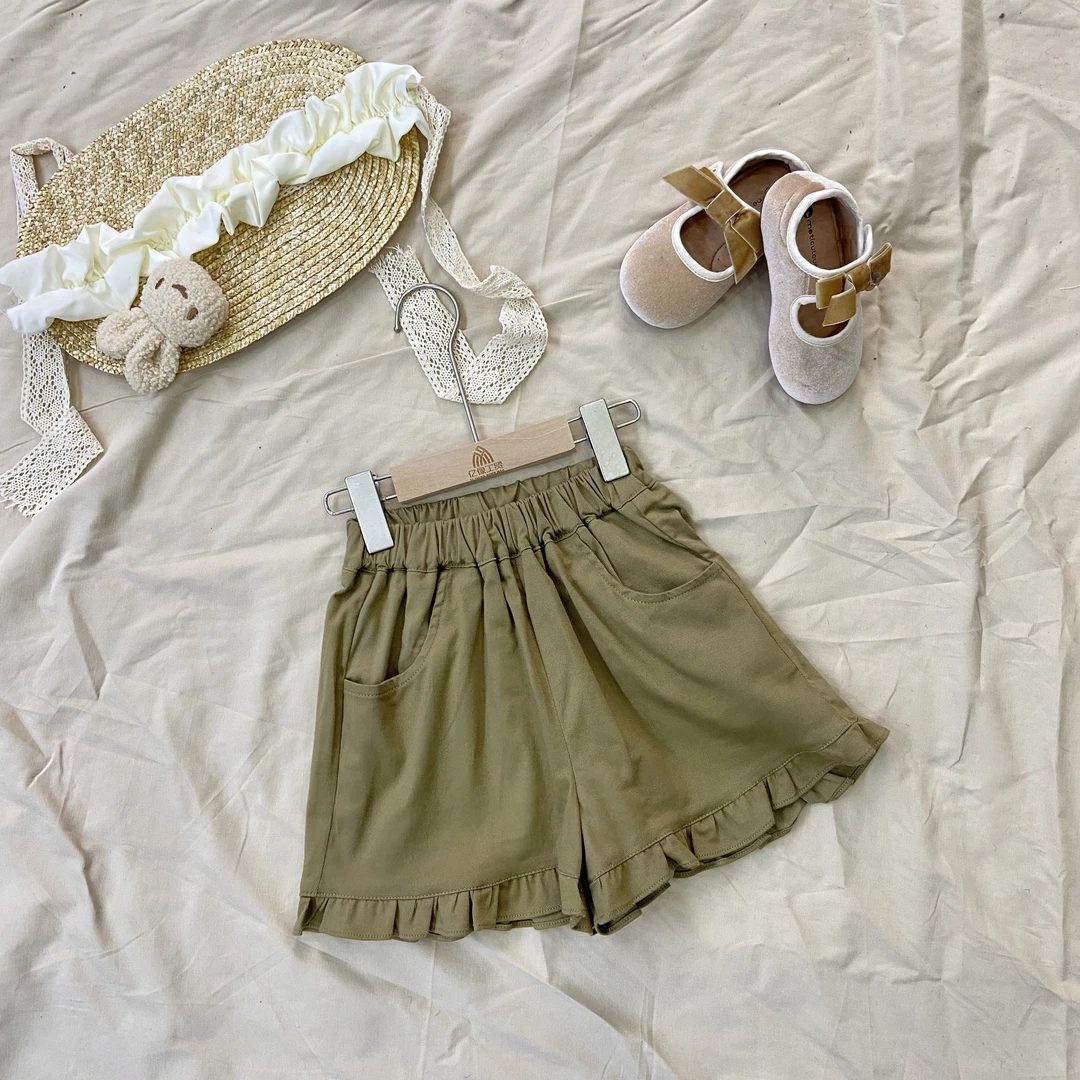 夏款新款女童休闲裤宽松儿童时尚纯色夏装短裤花边木耳边时尚裤子