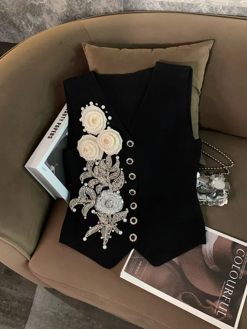 ZHOUYI/周一 2025夏季气质上衣女烫钻立体花朵无袖百搭修身马甲