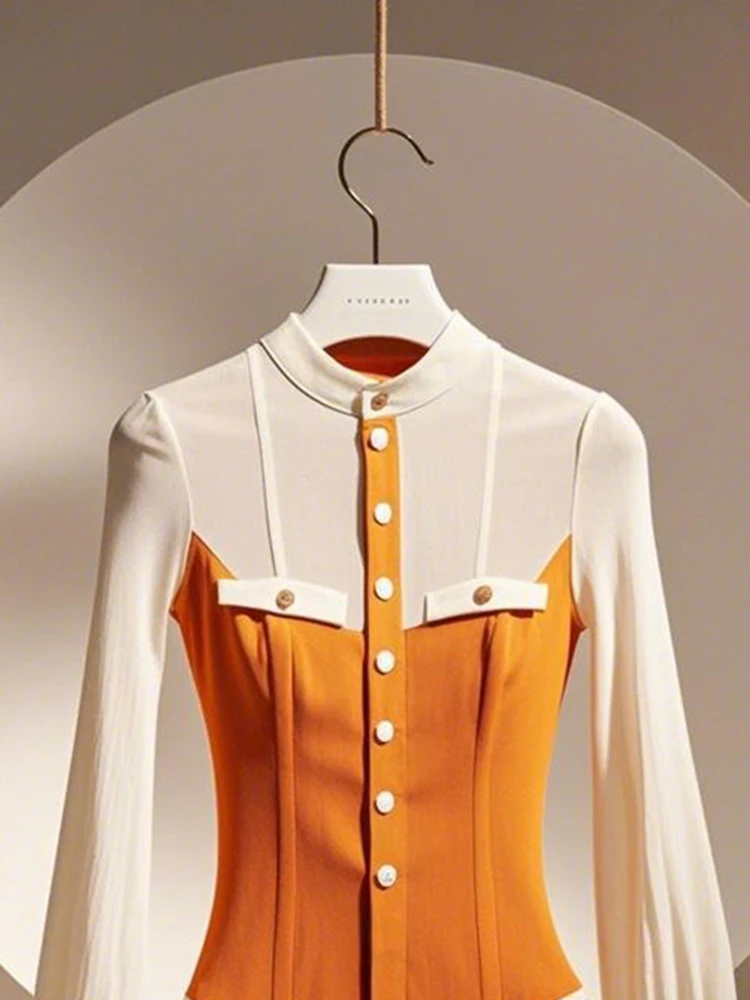 韩系chic洋气减龄内搭打底衫别致多巴胺杏色拼接橘色长袖T恤女冬