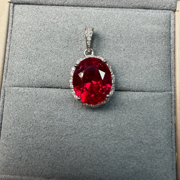 925银大颗粒鸽血红宝石项链带链45厘米简约