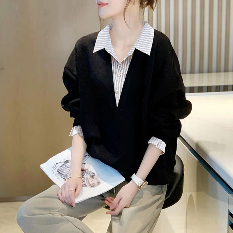 2025春秋季新款时尚女士长袖衬衫简约减龄假两件衬衣爆款宽松上衣