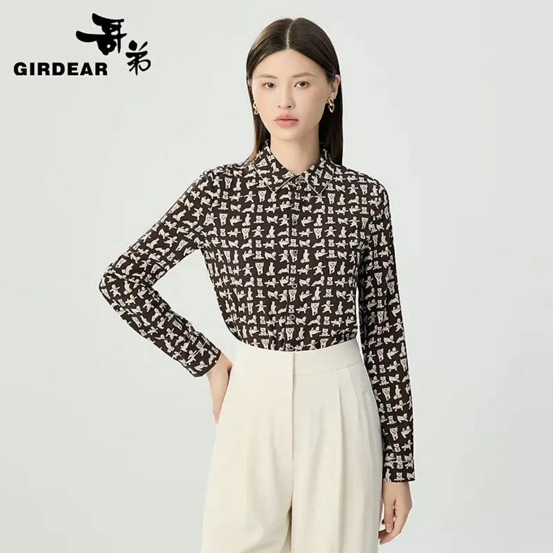 哥弟新款女装时尚质感通勤简约百搭翻领印花长袖衬衫130073