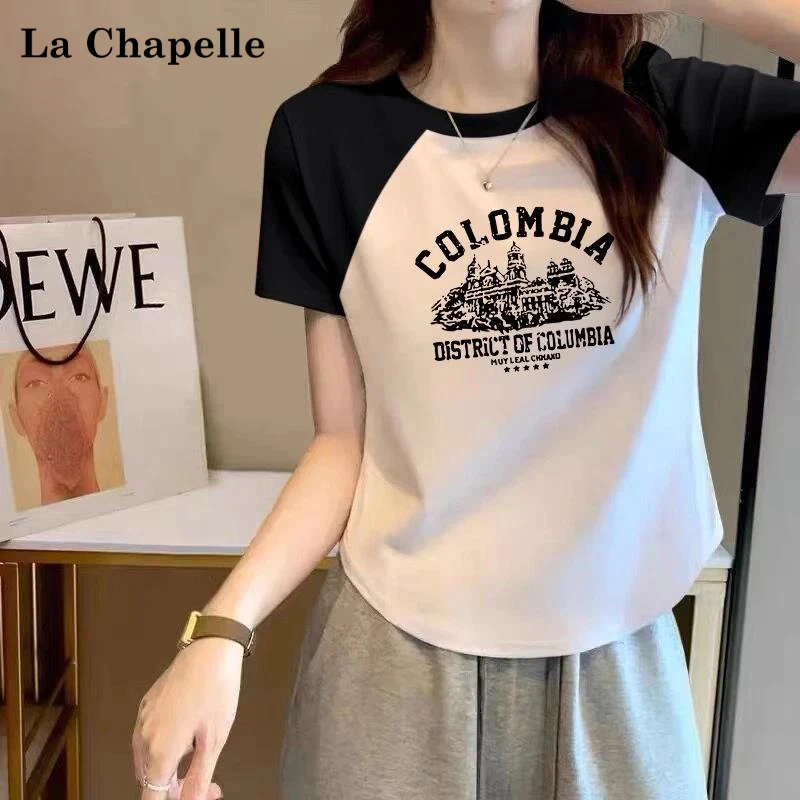 拉夏贝尔弧下摆短袖棉质T恤女士夏季撞色插肩袖修身显瘦圆领上衣