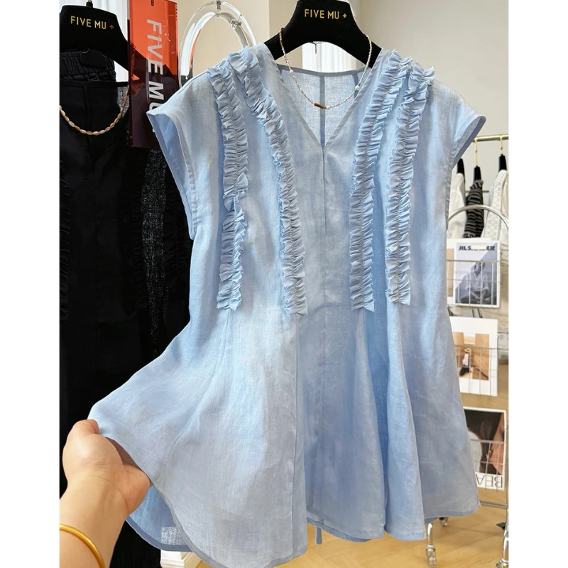 高端棉麻修身无袖V领木耳边上衣女夏系带外穿马甲背心气质小衫
