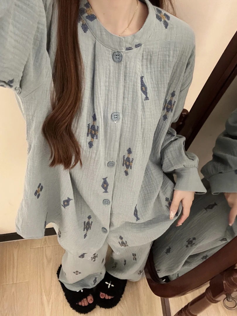 【新中式碎花】国风棉纱睡衣女套装春秋新款韩版长袖长裤大码家居服