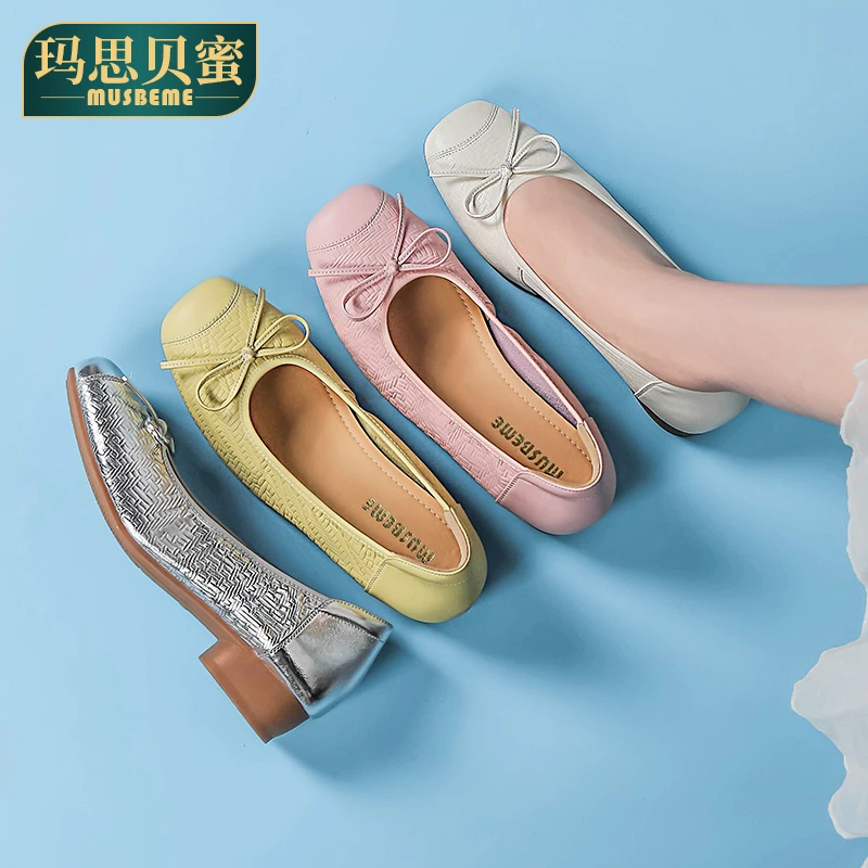 玛思贝蜜秋款浅口真皮压花皮粗跟蝴蝶结单鞋通勤必备