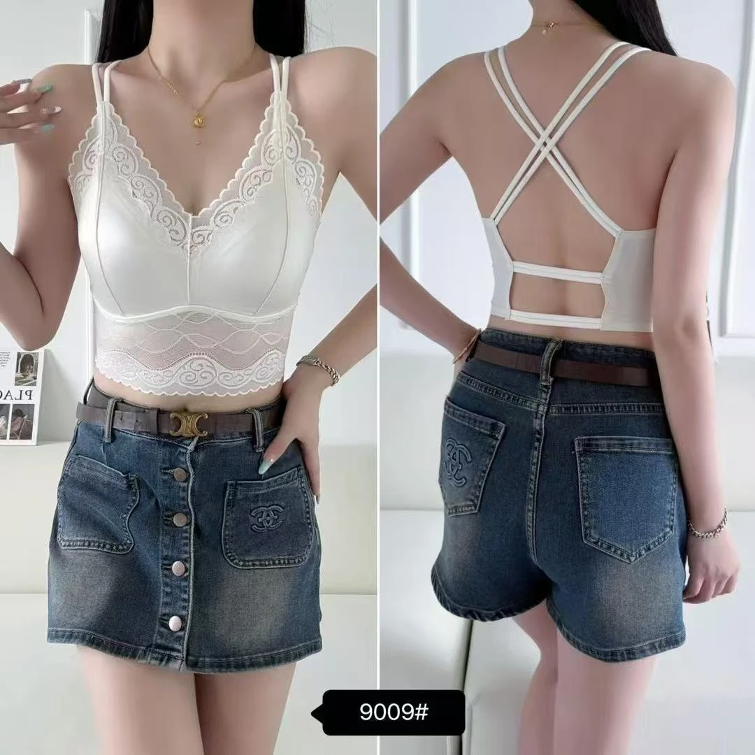 9009网红缎面美背打底蕾丝性感奢华文胸一体式内衣吊带背心