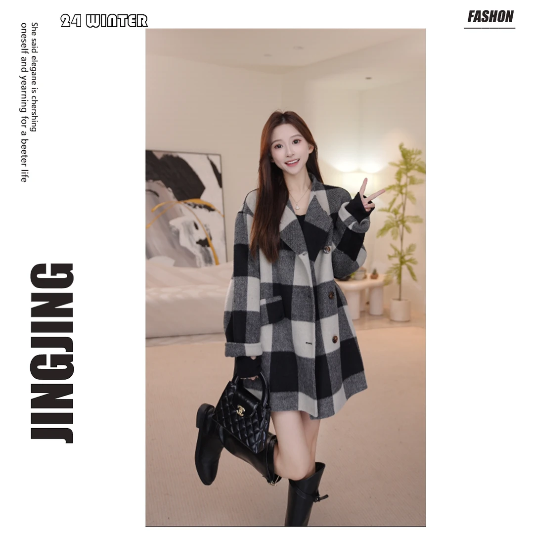【达尔文】2024秋冬新款法式复古格子羊驼毛大衣外套