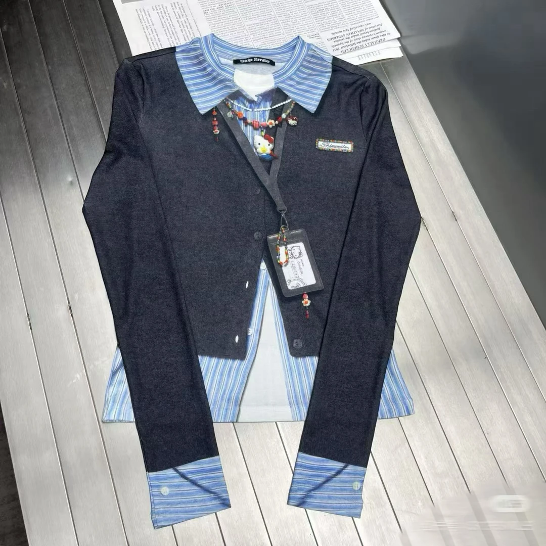 印花常规复古港风宽松型长袖T恤套装假两件蓝色休闲