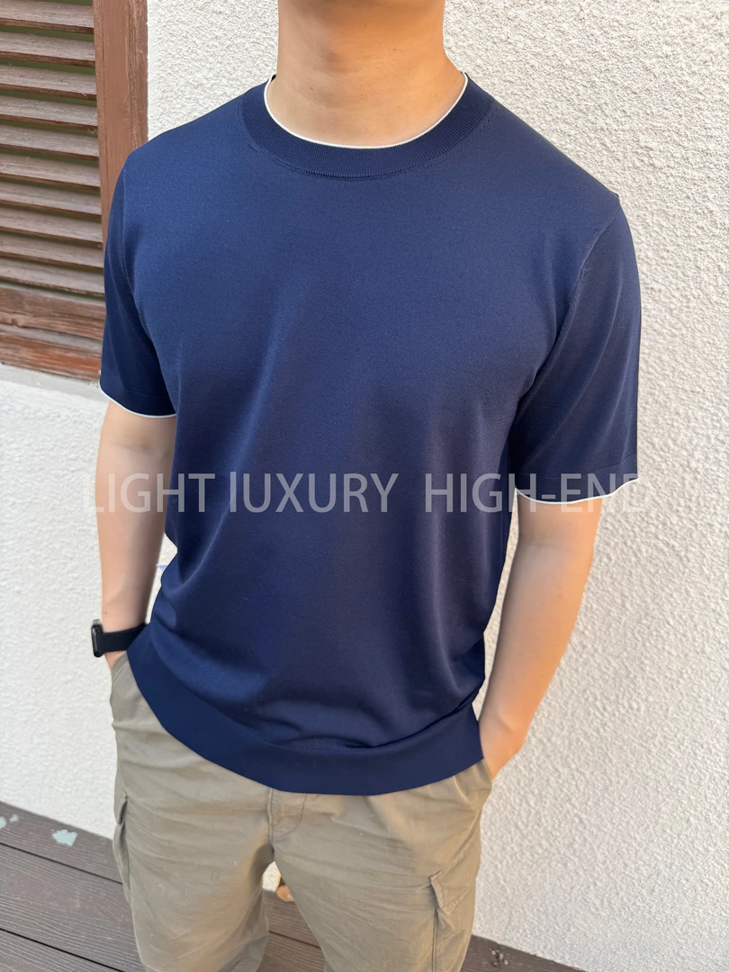 单条纹/莱赛尔天丝桑蚕丝100支针织夏季透气休闲百搭短袖T恤男士