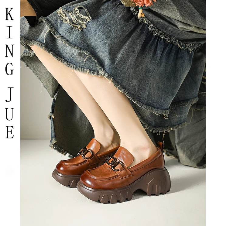 【王爵】厚底圆头乐福鞋/真皮小皮鞋/黑色粗跟单鞋/英伦风深口单鞋