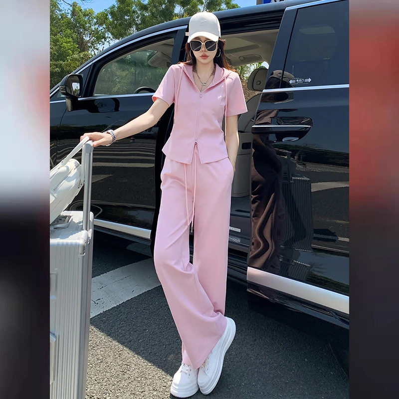 欧货粉色休闲运动套装夏天女夏季新款显瘦减龄连帽短袖长裤两件套