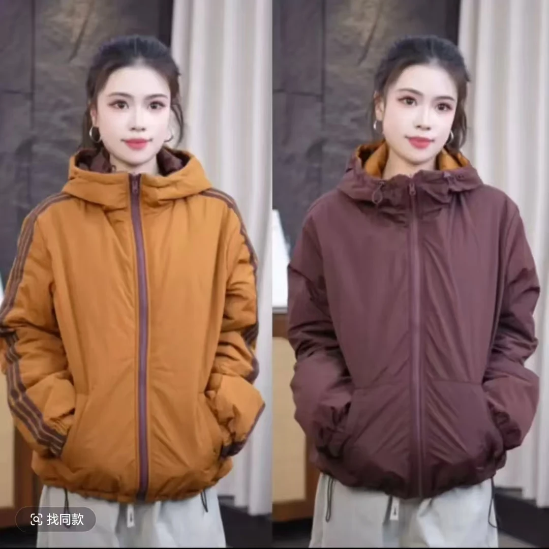 【双面穿】秋冬新款双面穿侧拼条拉链宽松休闲百搭减龄连帽棉服