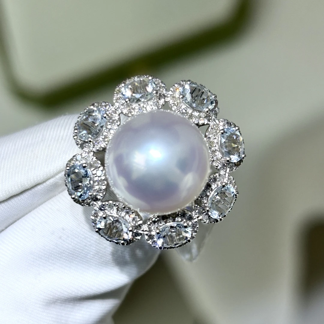 【海之蓝】11-12mm宝石光海水澳白贵宝18K金戒指贵气镶嵌优雅大点位