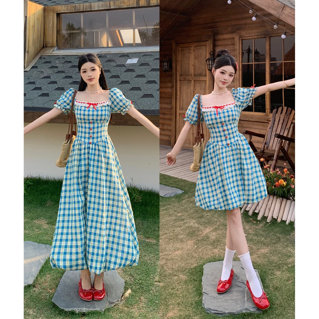 波西塔塔森系碎花田园格纹连衣裙女夏季大码宽松显瘦收腰复古长裙