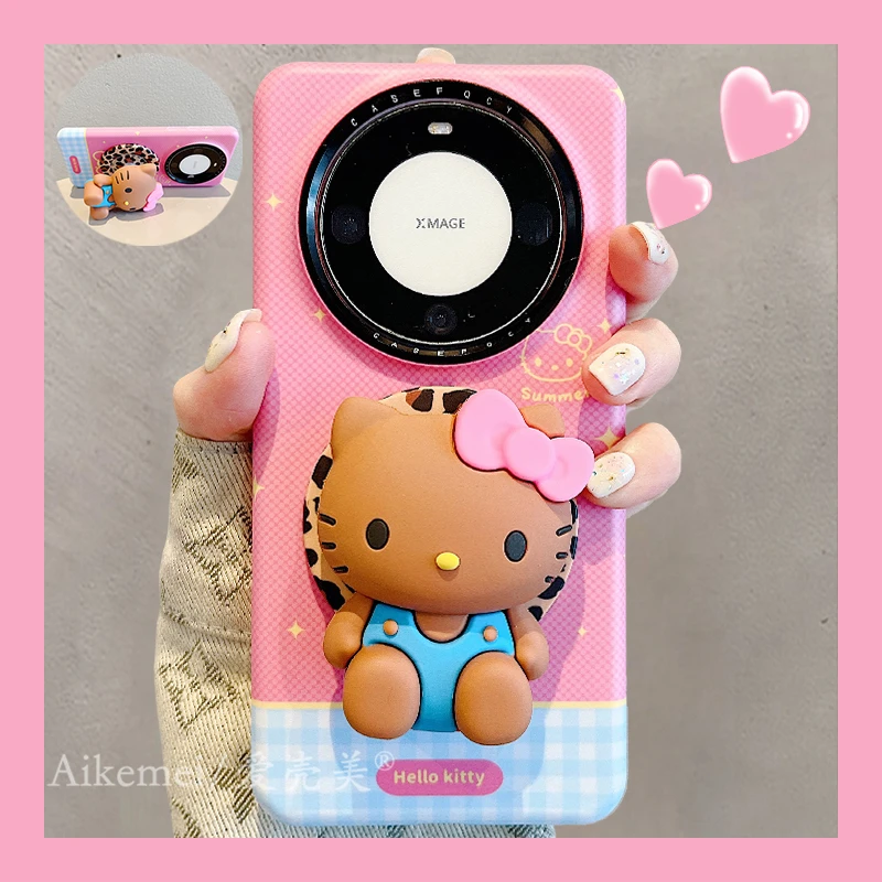 适用华为mate70pro+手机壳菲林粉线条mate60pro+黑皮KT猫磁吸支架