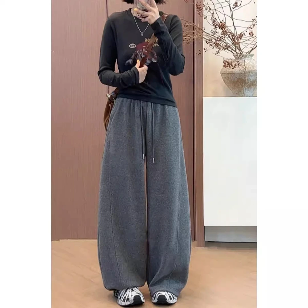 韩系软糯羊绒卫裤女冬季新款加绒加厚休闲宽松直筒裤