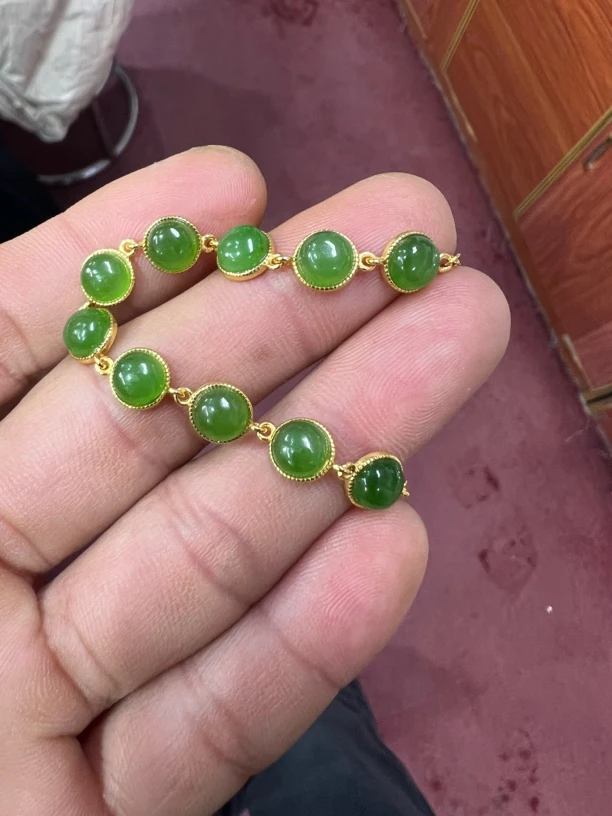 和田玉碧玉高色阳绿手链银镶嵌