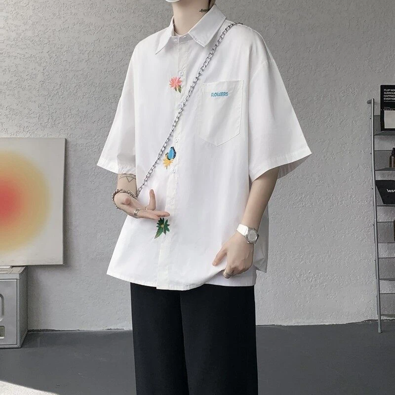 纯棉短袖衬衫男生阳光干净穿搭设计感小众刺绣衬衣夏季特大码外套