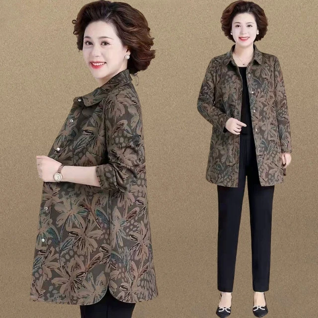 妈妈春装风衣外套洋气翻领衬衣中老年人女春秋奶奶休闲中长款上衣