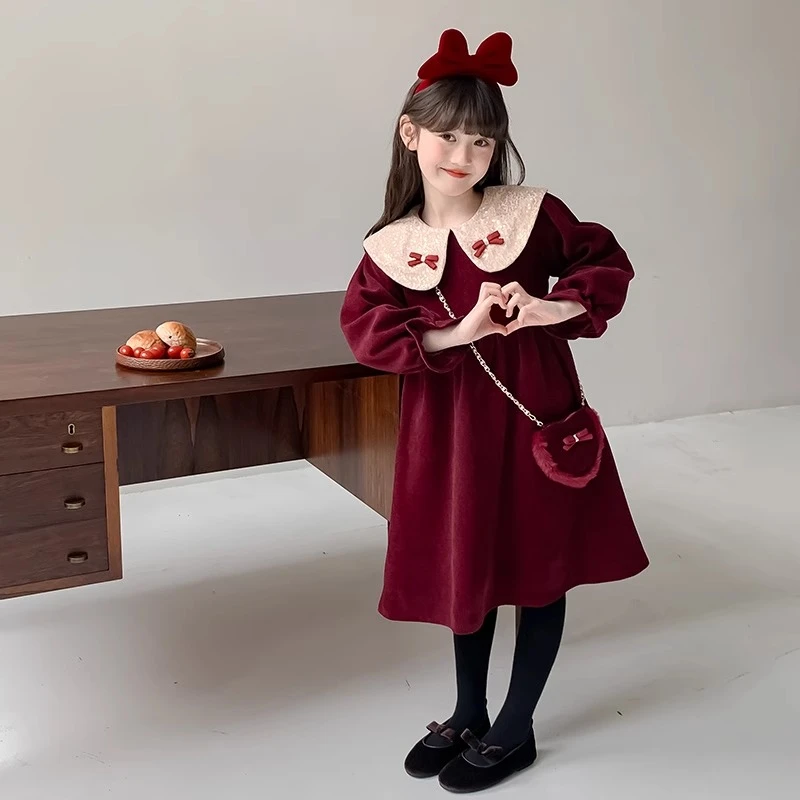 女童冬装加绒连衣裙2024新款儿童秋冬款加厚裙子公主裙拜年礼服裙