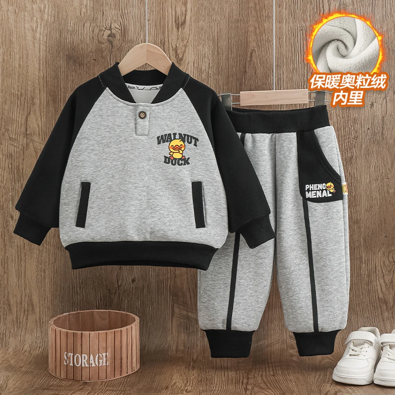 【玉】2024冬季男女童新款条纹休闲POLO衫加绒套装4z144-1