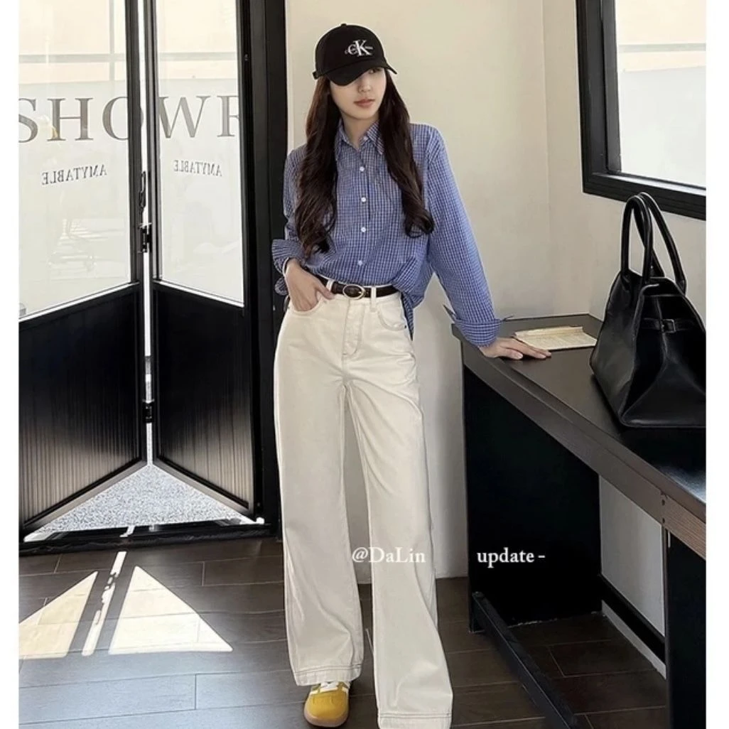 【运费险+送腰带】早秋新款米杏色牛仔裤女高腰宽松显瘦窄版阔腿裤